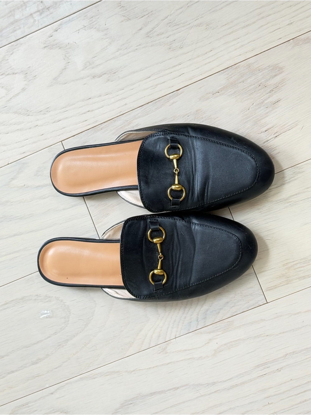 Black Leather Slip-On Mules with Gold Horsebit Detail Made in Italy